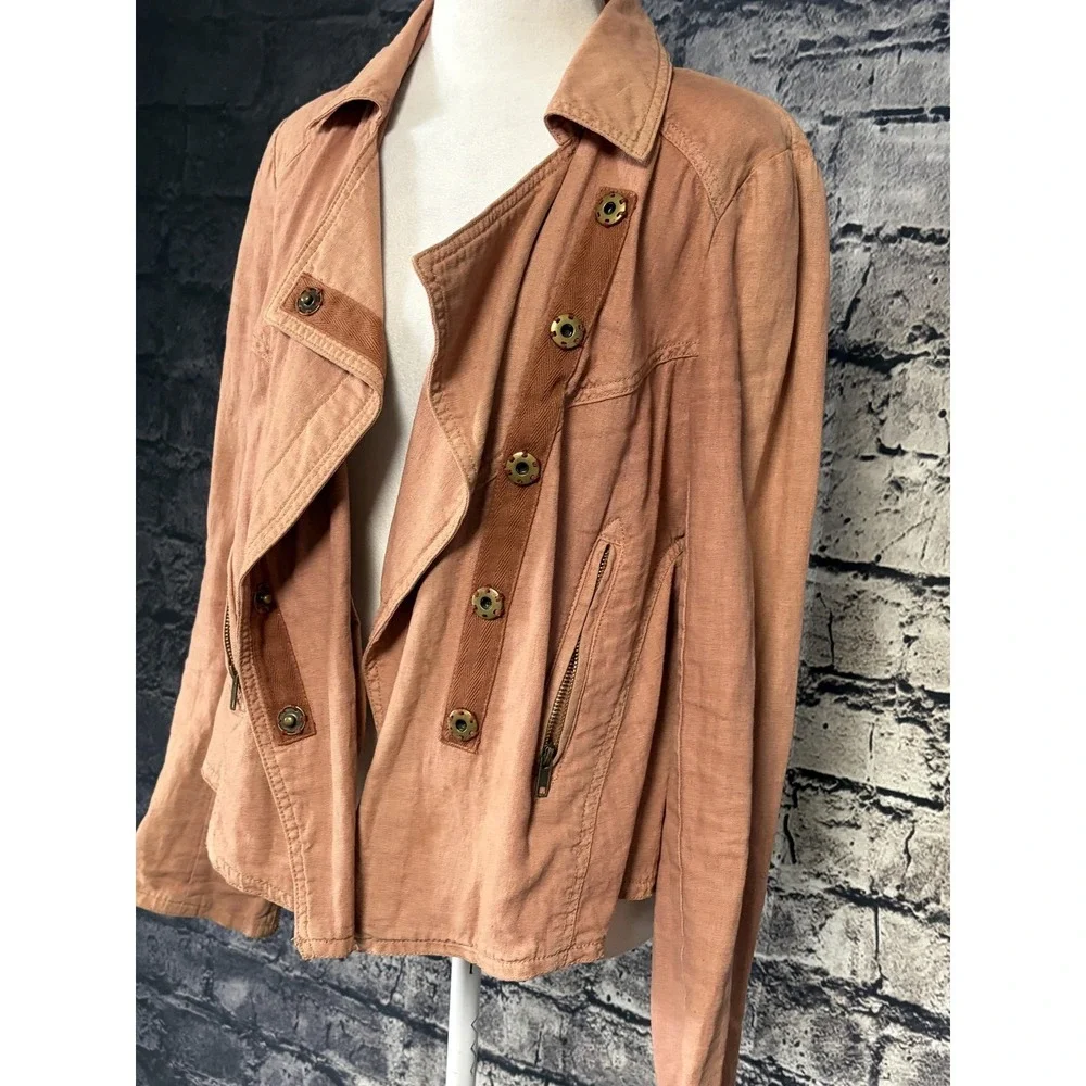 Free People Jacket Womens XS Pink Linen Blend Moto Asymmetrical Zip Biker Canvas